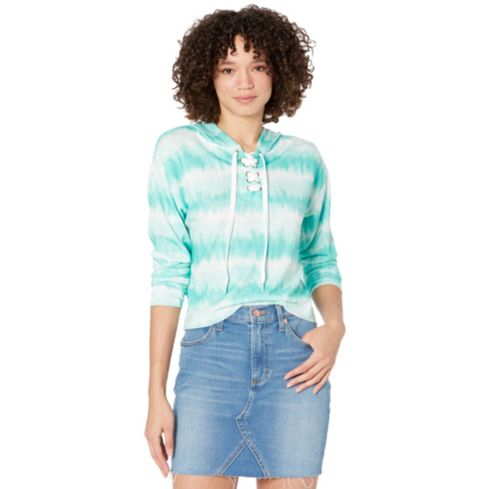 Rock and Roll Cowgirl Hoodie Womens Large Blue Tie-Dye Long Sleeve Cropped RED24